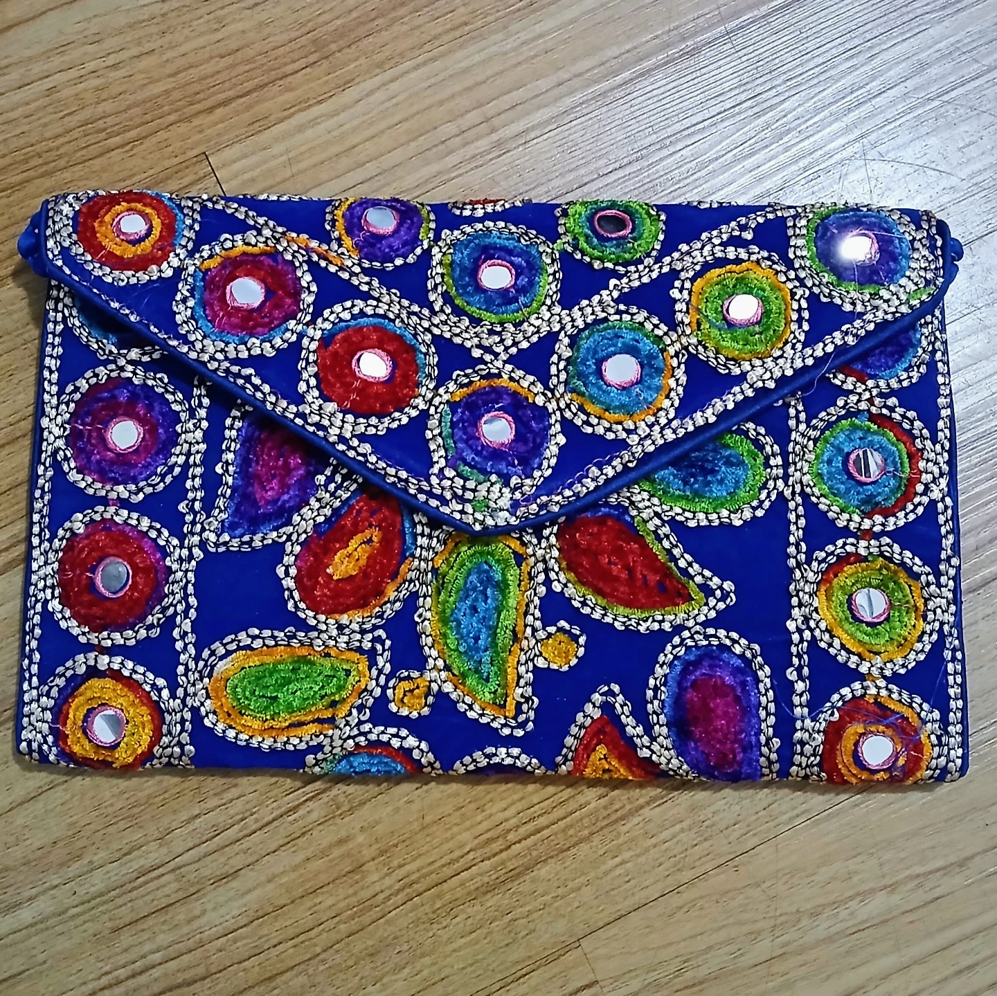 Blue Handmade Embroidered Mirror Work Clutch