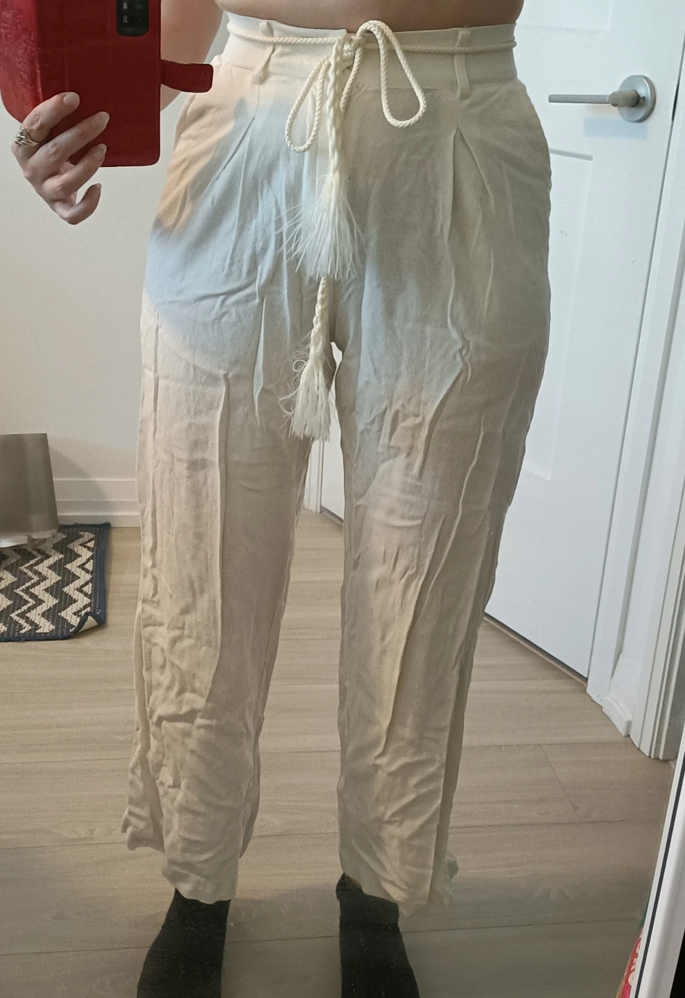 Cream Wide-Leg Trousers with Tie Waist