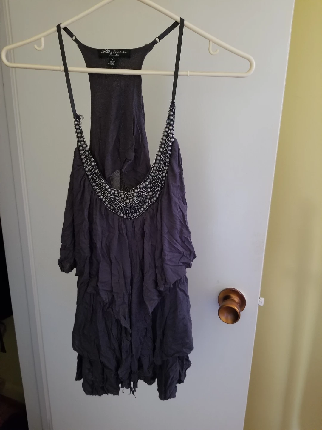 Ruffled and Beaded Dark Grey Top