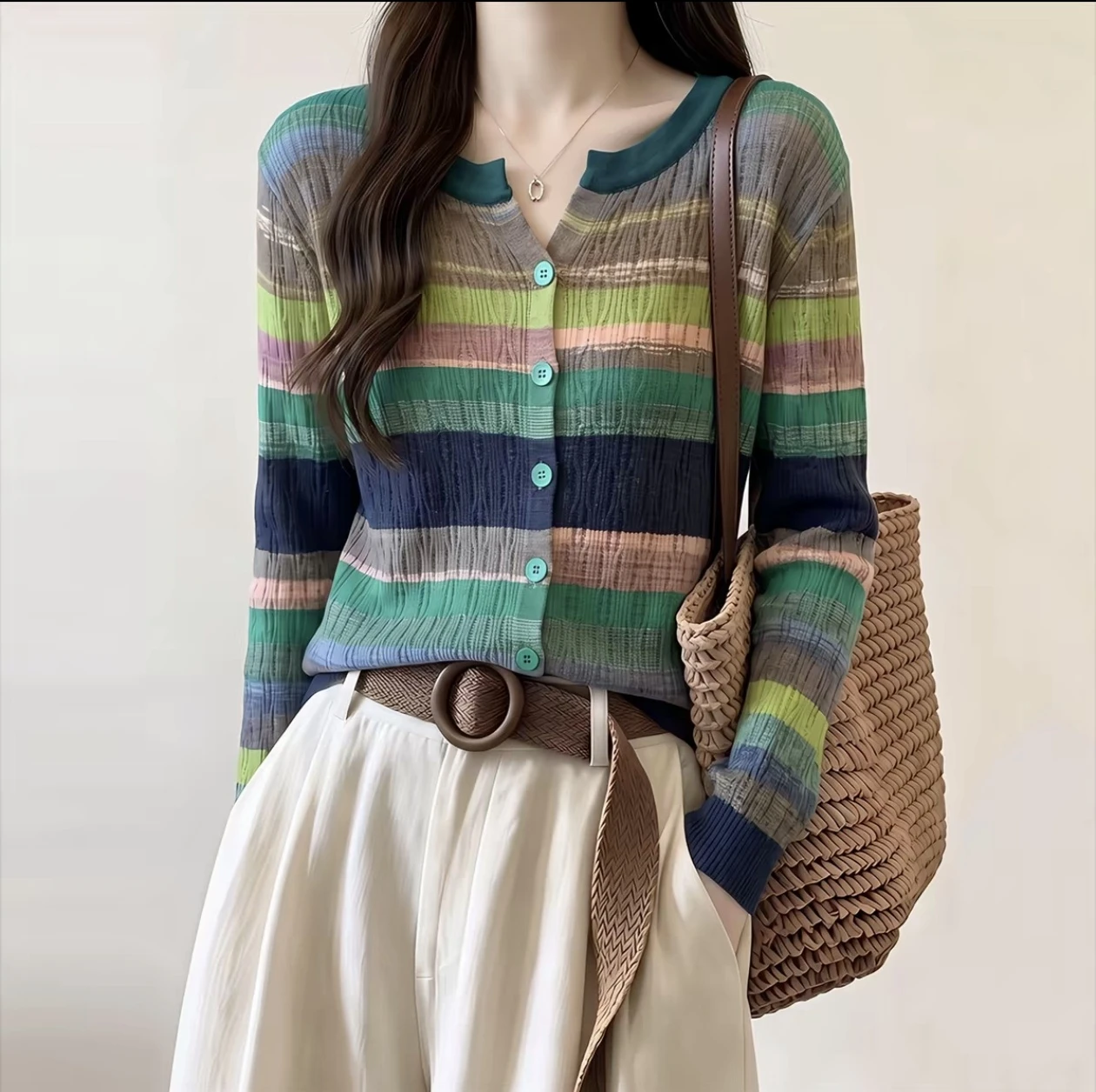Striped Multicolor Lightweight Button-Up Sweater Cardigan