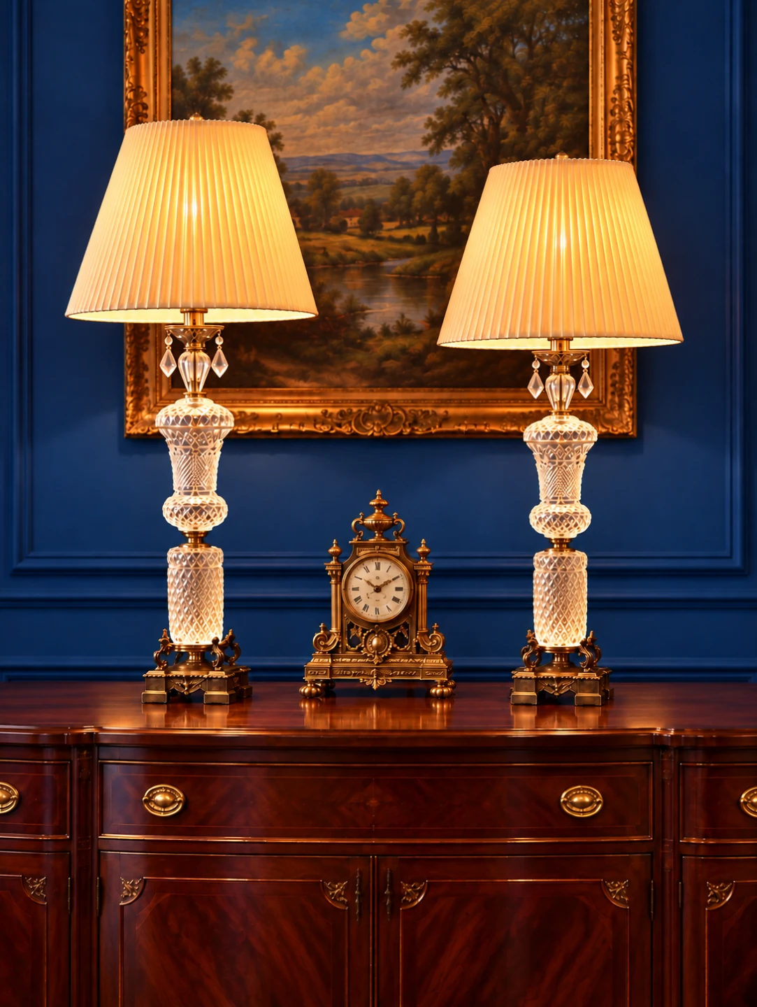 Two Hollywood Regency Vintage Crystal Brass Table Lamps