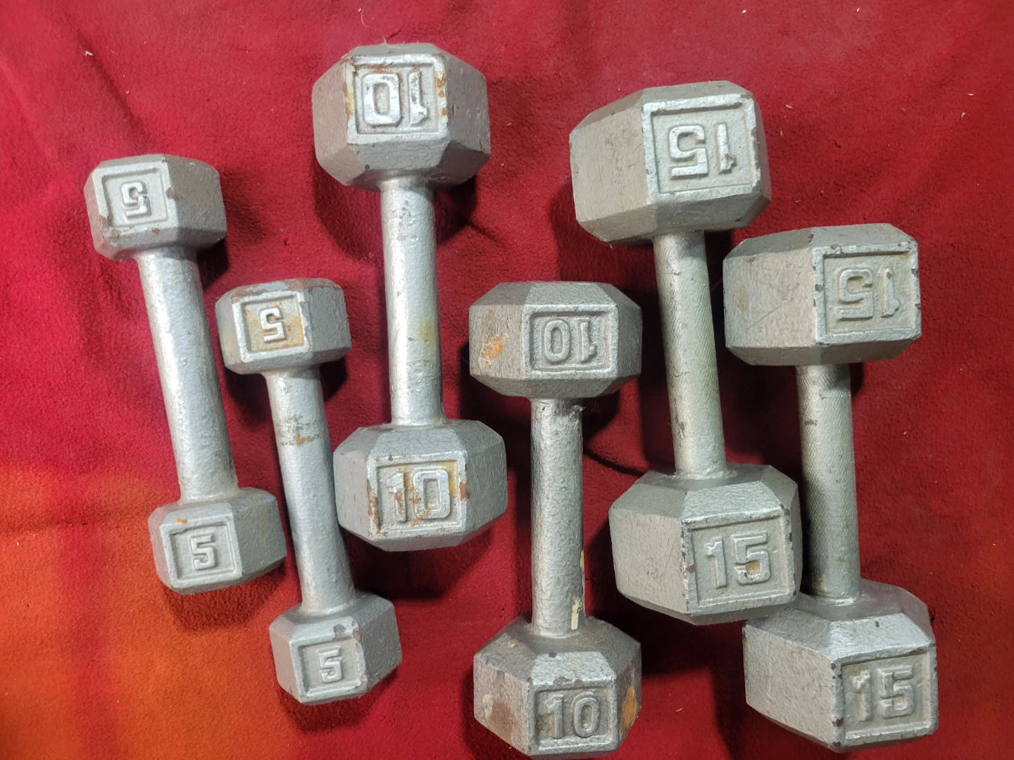 SETS OF 15s. 10s. 5s. DUMBBELLS. TOTAL 60LBs