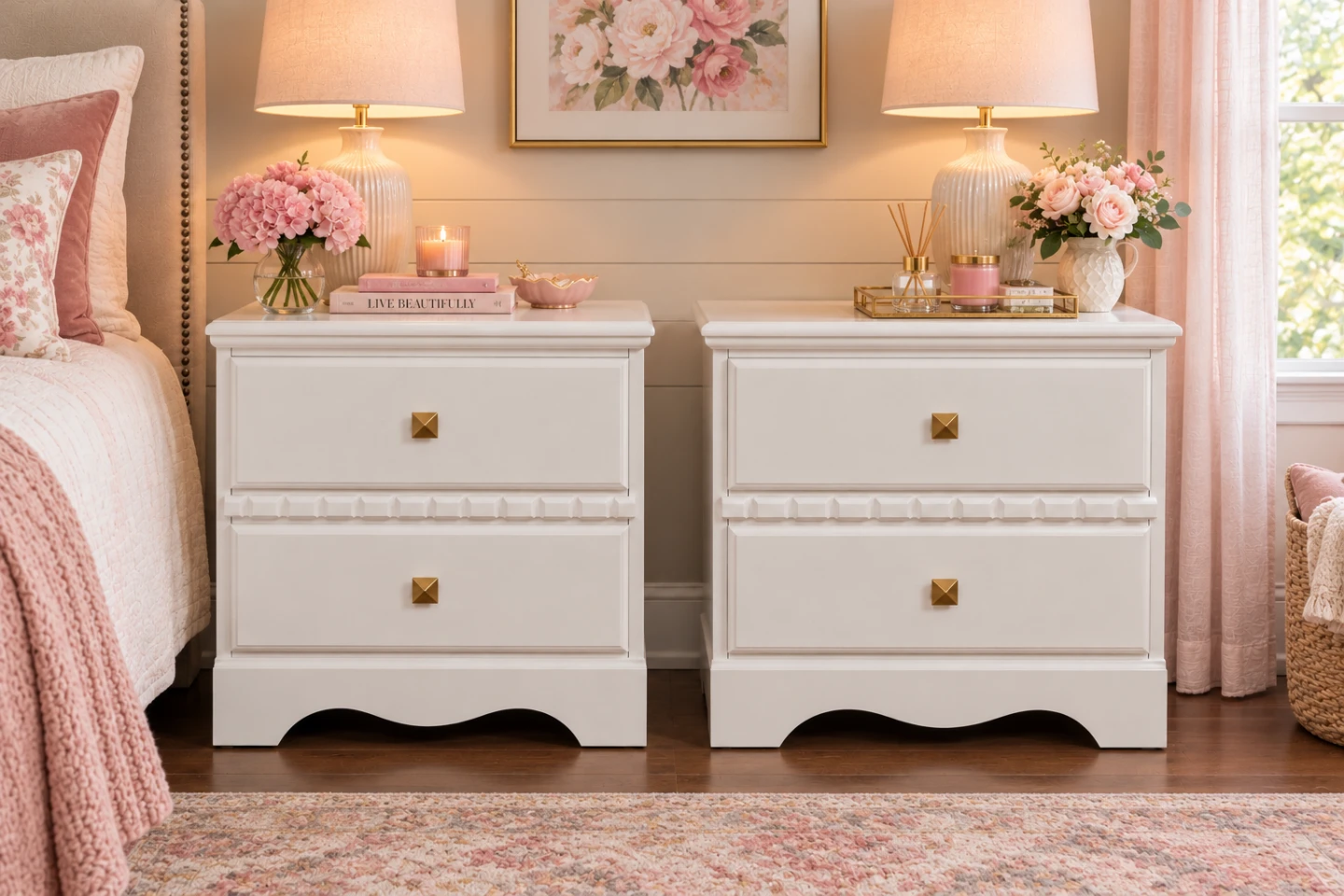 Pair of off  White Nightstands with Gold Accents