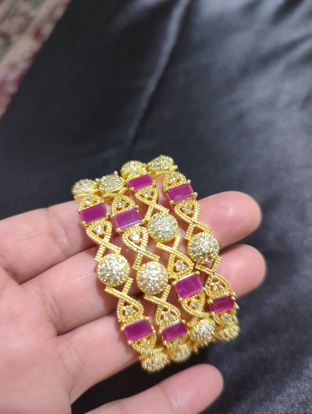 Gold-tone Bangles with Pink Stones - photo 2