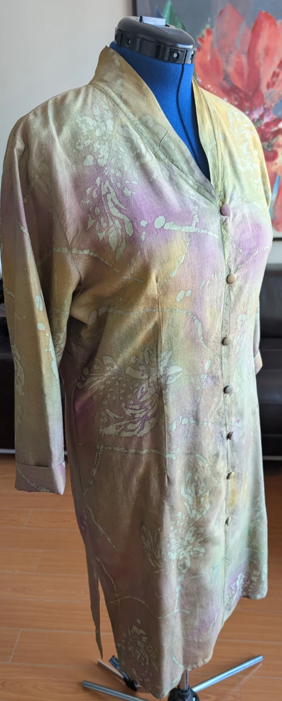 Hand painted raw silk floral pattern  button-up tunic