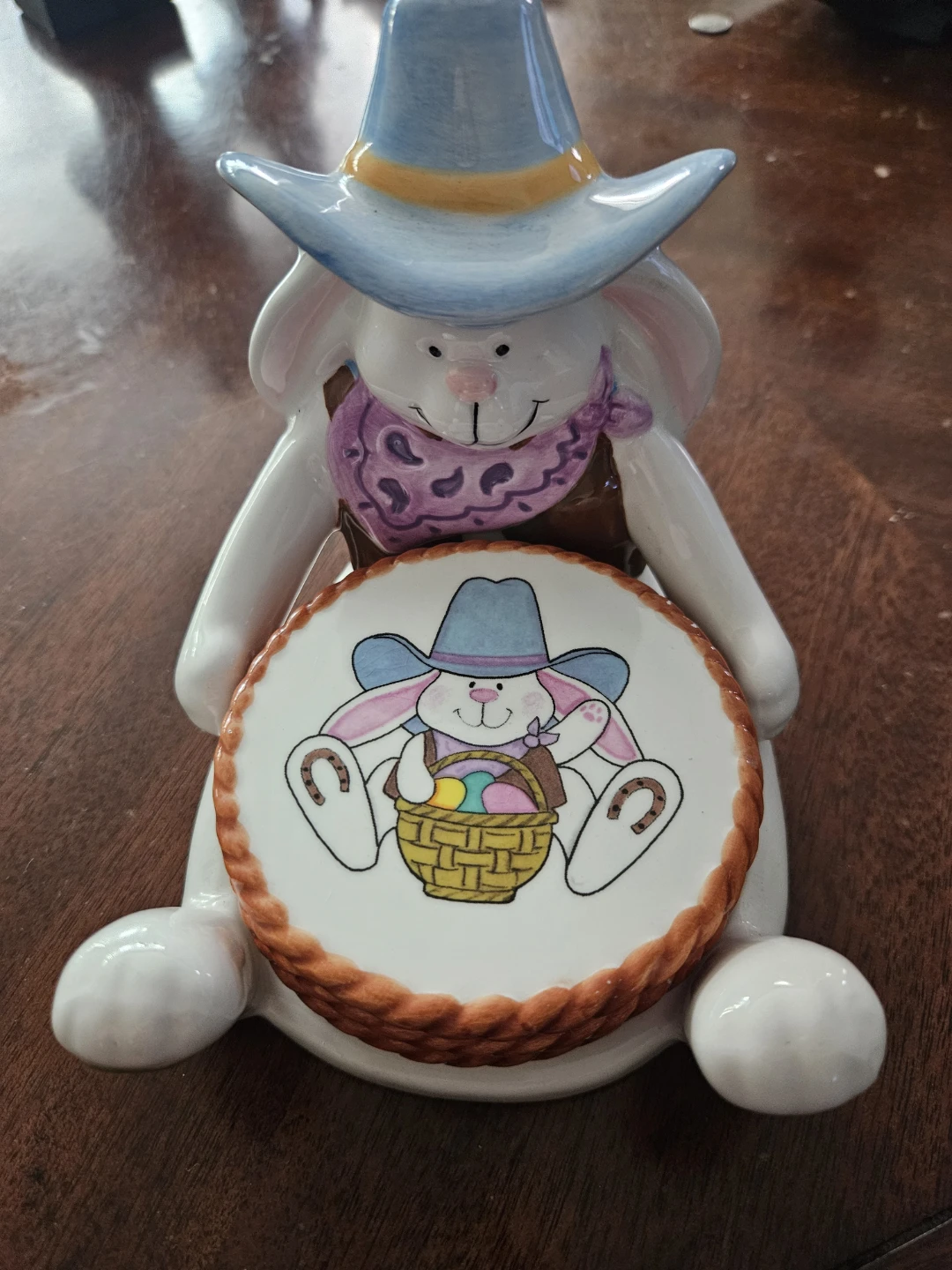 Vintage Ceramic Cowboy Bunny Easter Coaster Set of 4 with Caddy