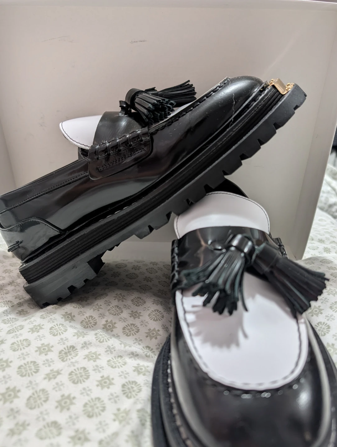 SANDRO Black and White Tassel Loafers with Gold Detail