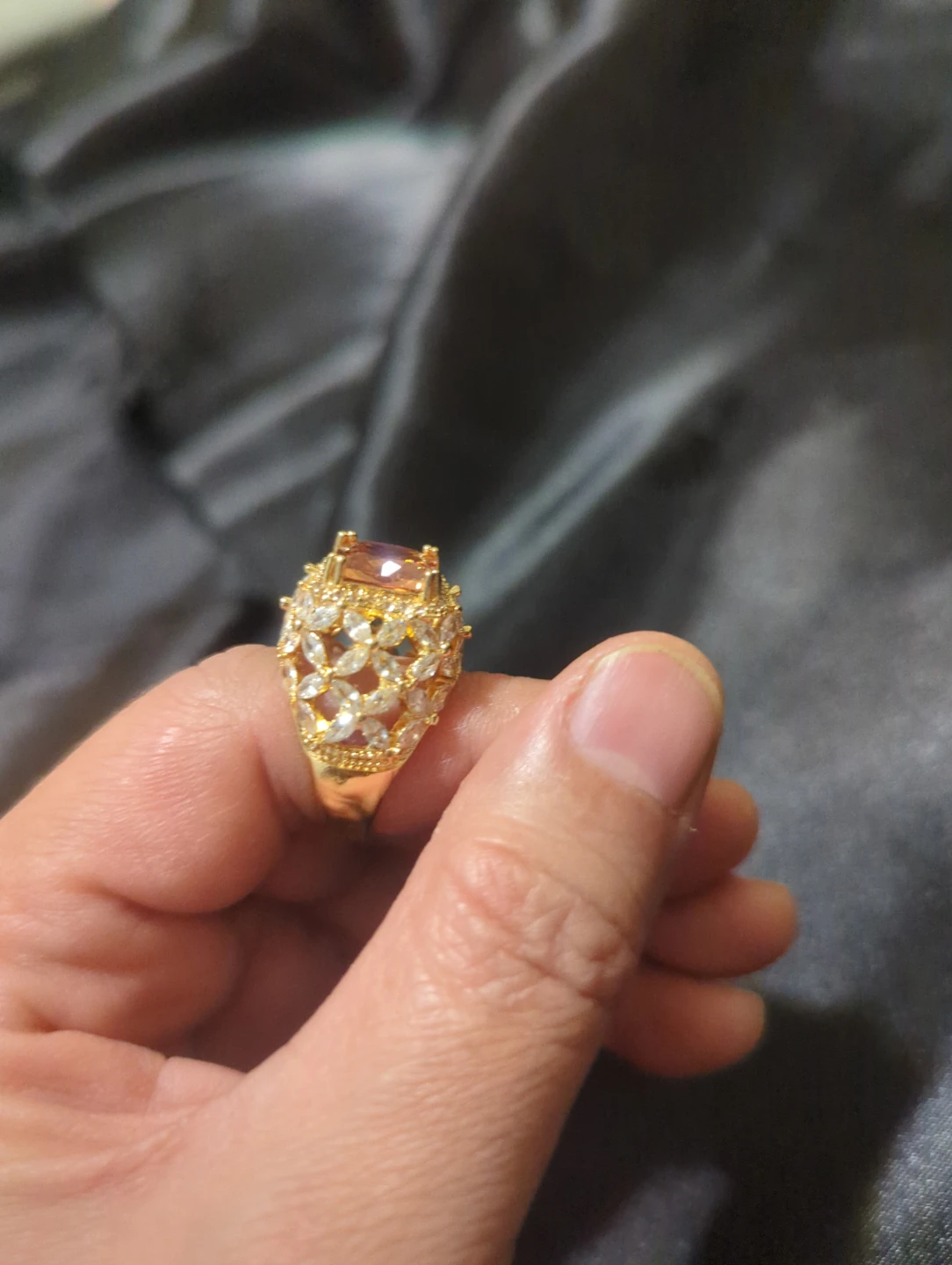 Gold-tone Statement Ring with Peach Stone