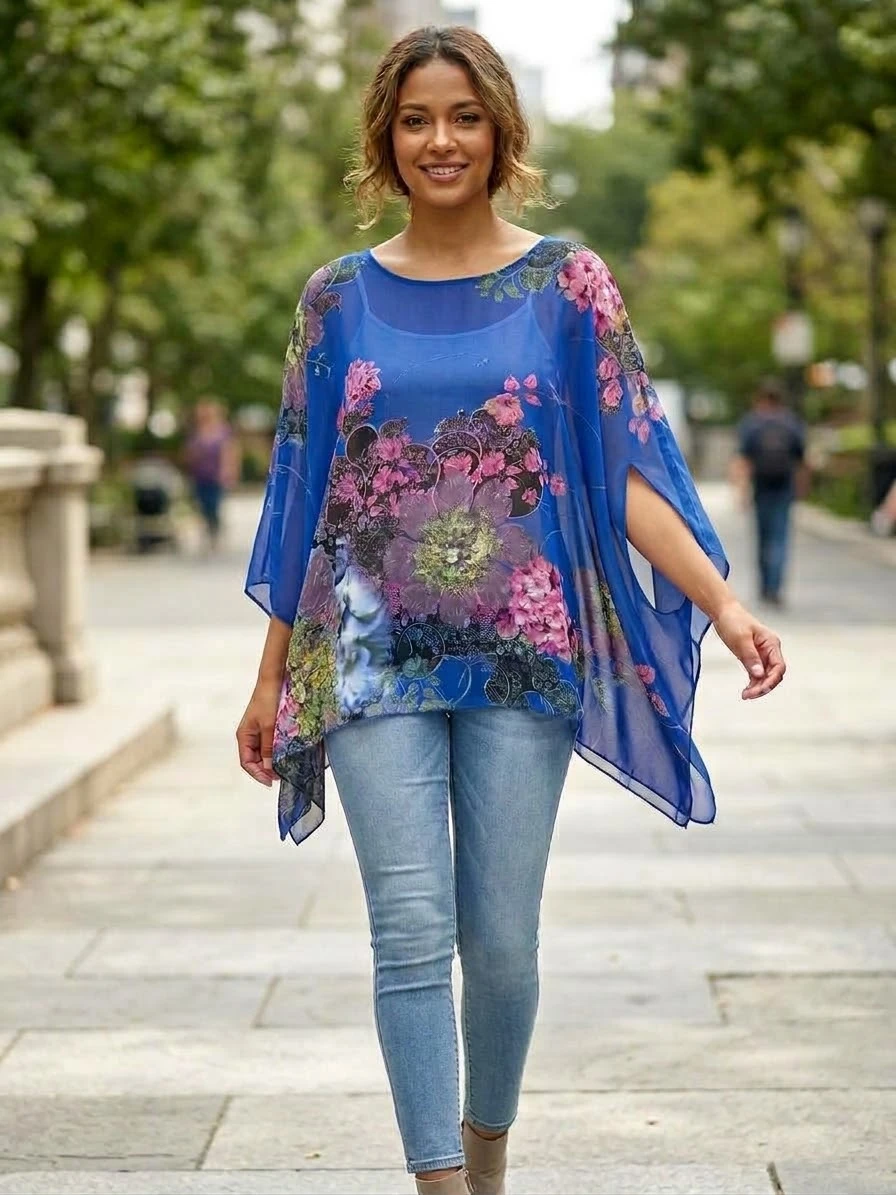 Blue Floral Chiffon Poncho Top
