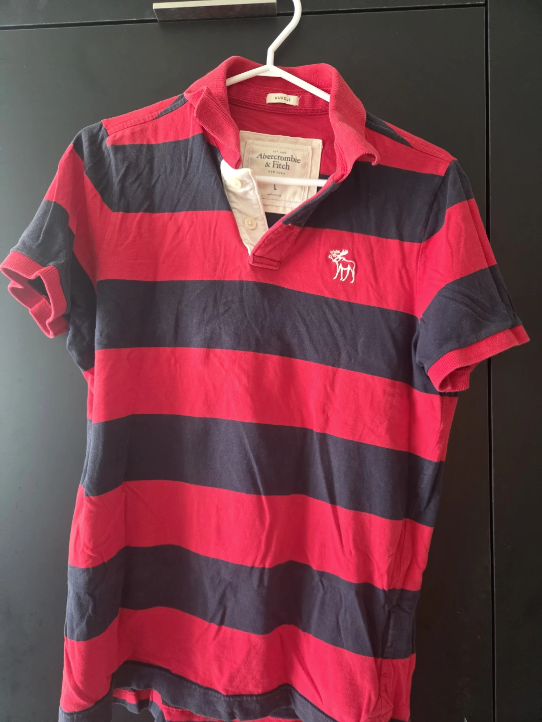 Abercrombie & Fitch Red and Navy Striped Polo Shirt