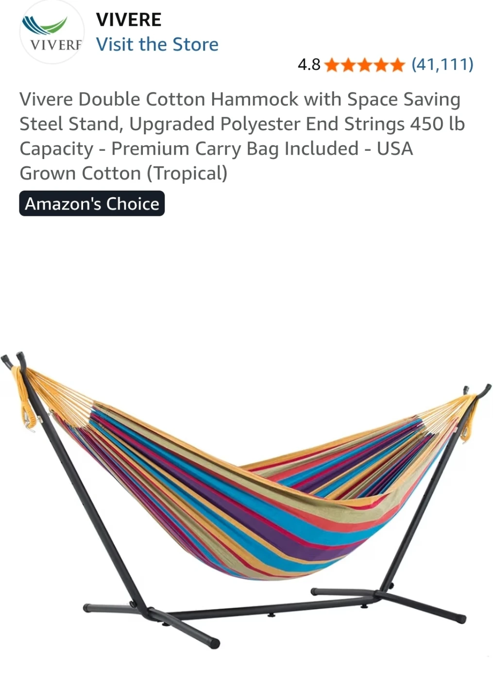 Vivere Double Cotton Hammock with Stand