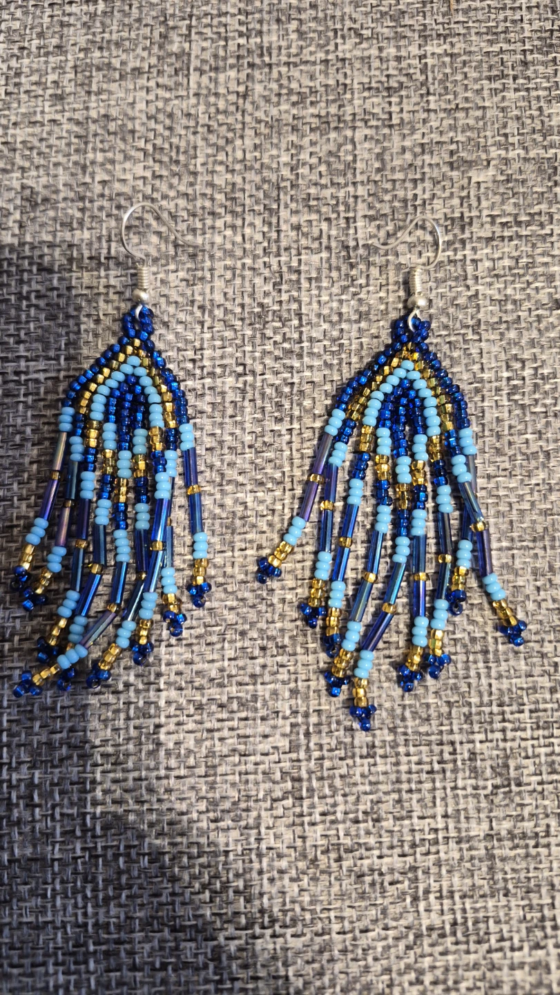 Blue and Gold Seed Bead Fringe Earrings