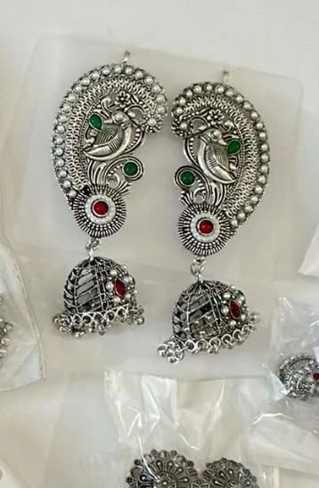 Silver-toned Peacock Jhumka Earrings
