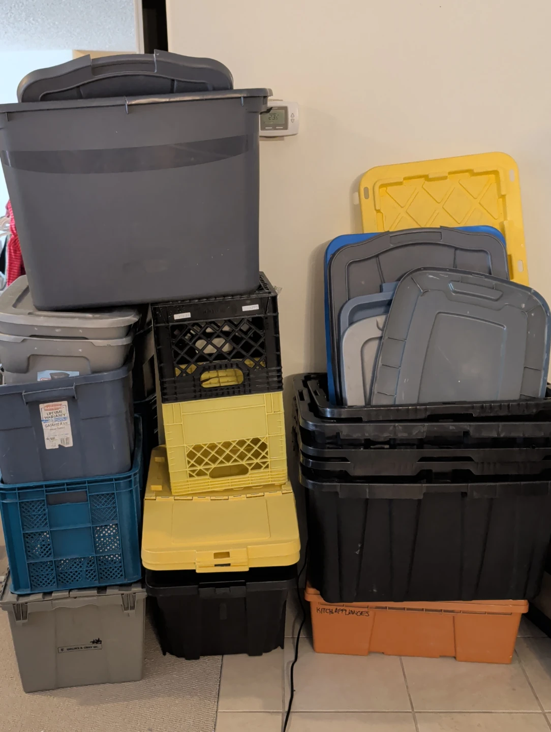 Assorted Plastic Storage Totes and Milk Crates