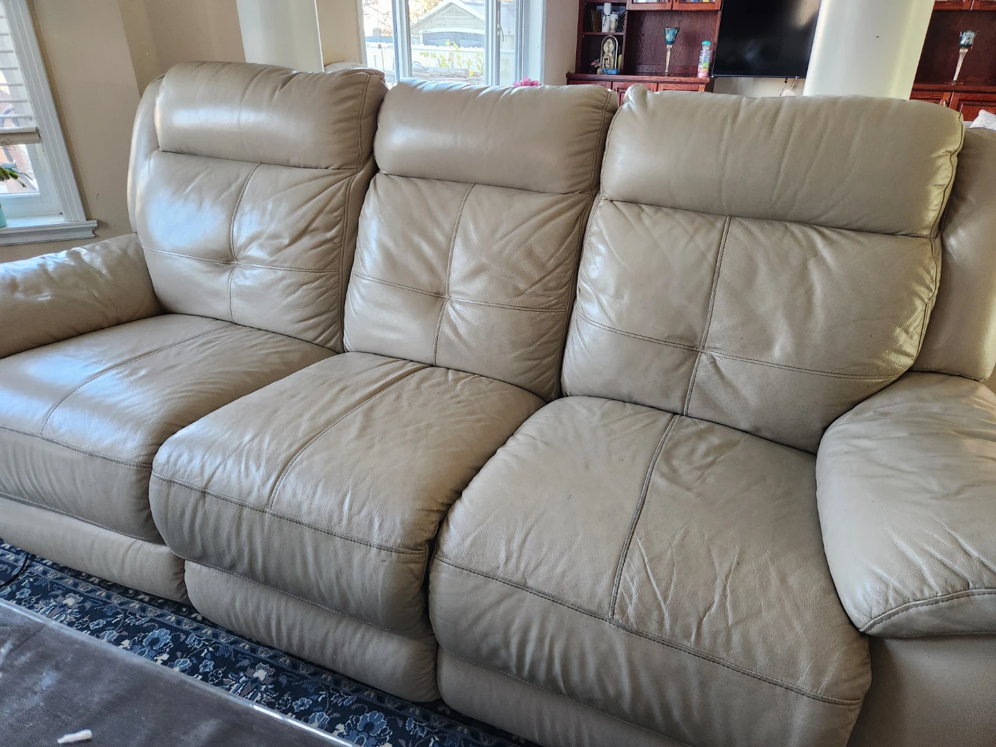Beige 3-seater genuine leather reclining sofa