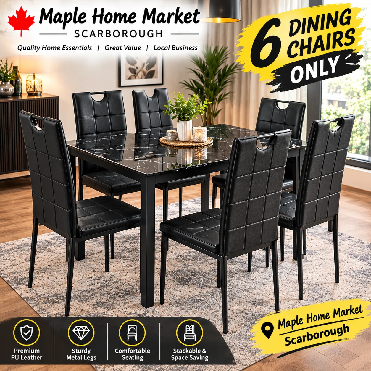 New<> Set of 6 Black PU Leather Dining Chairs