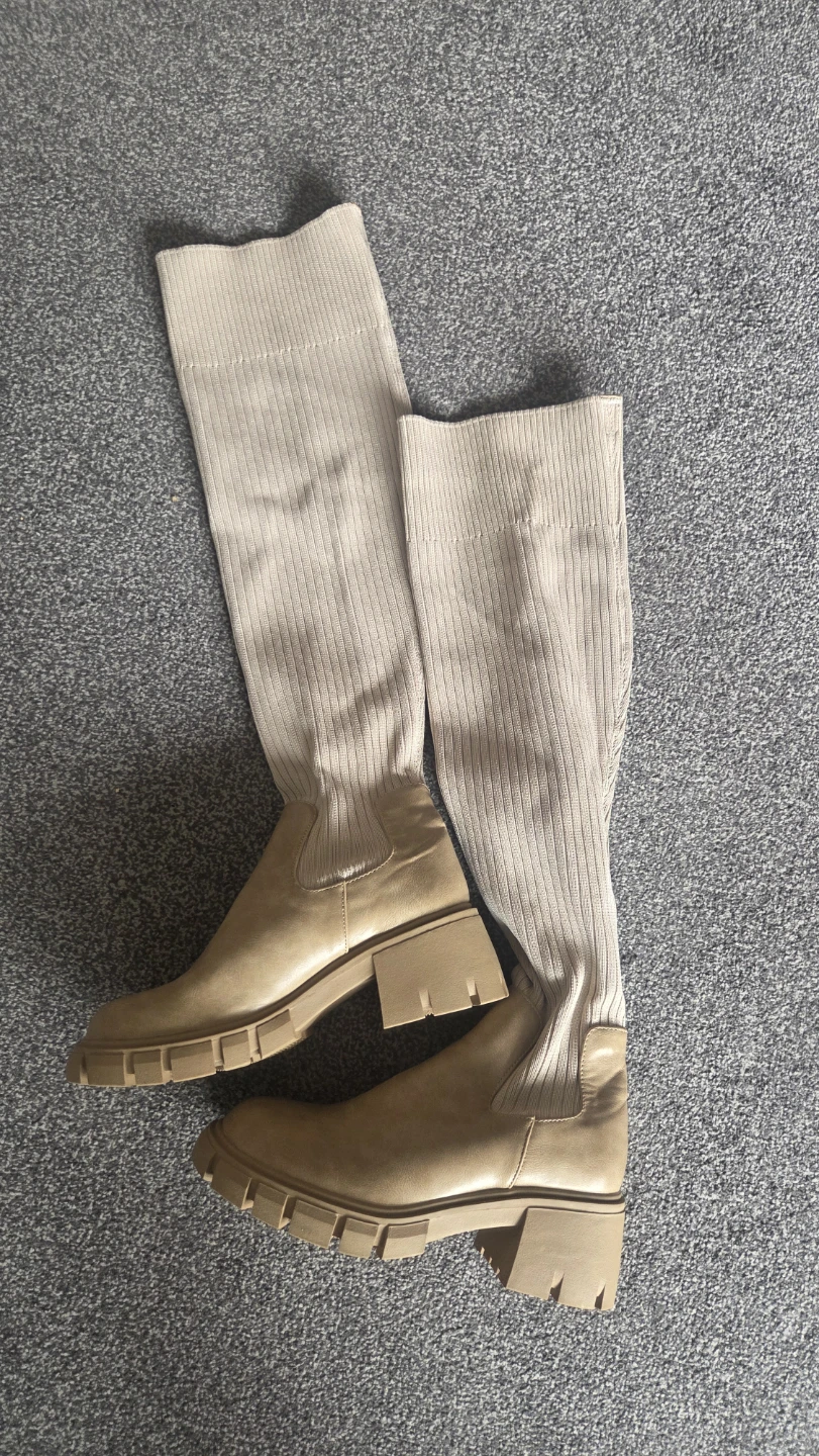 Beige Knit Over-the-Knee Boots