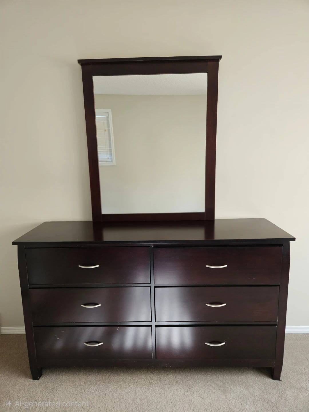 Solid Dark Wood Six-Drawer Dresser with Attached Mirror