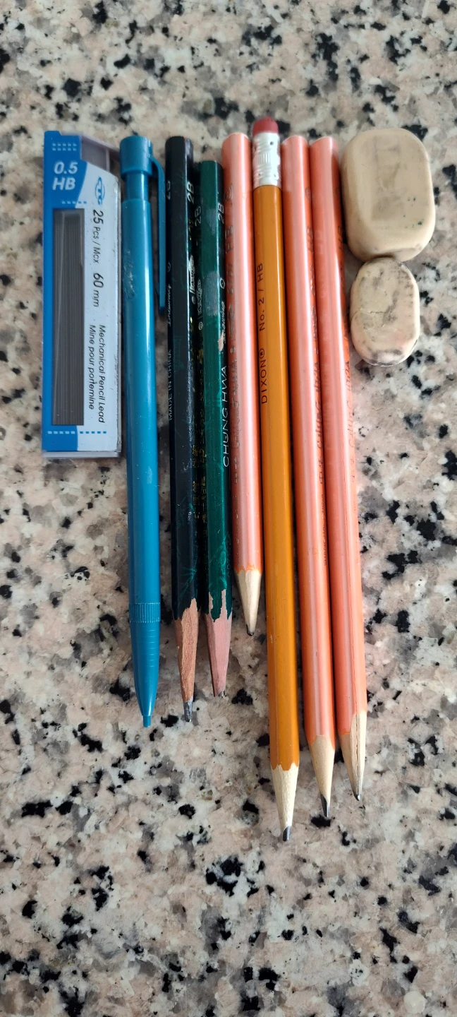 Assorted pencils, erasers and 0.5mm lead refill