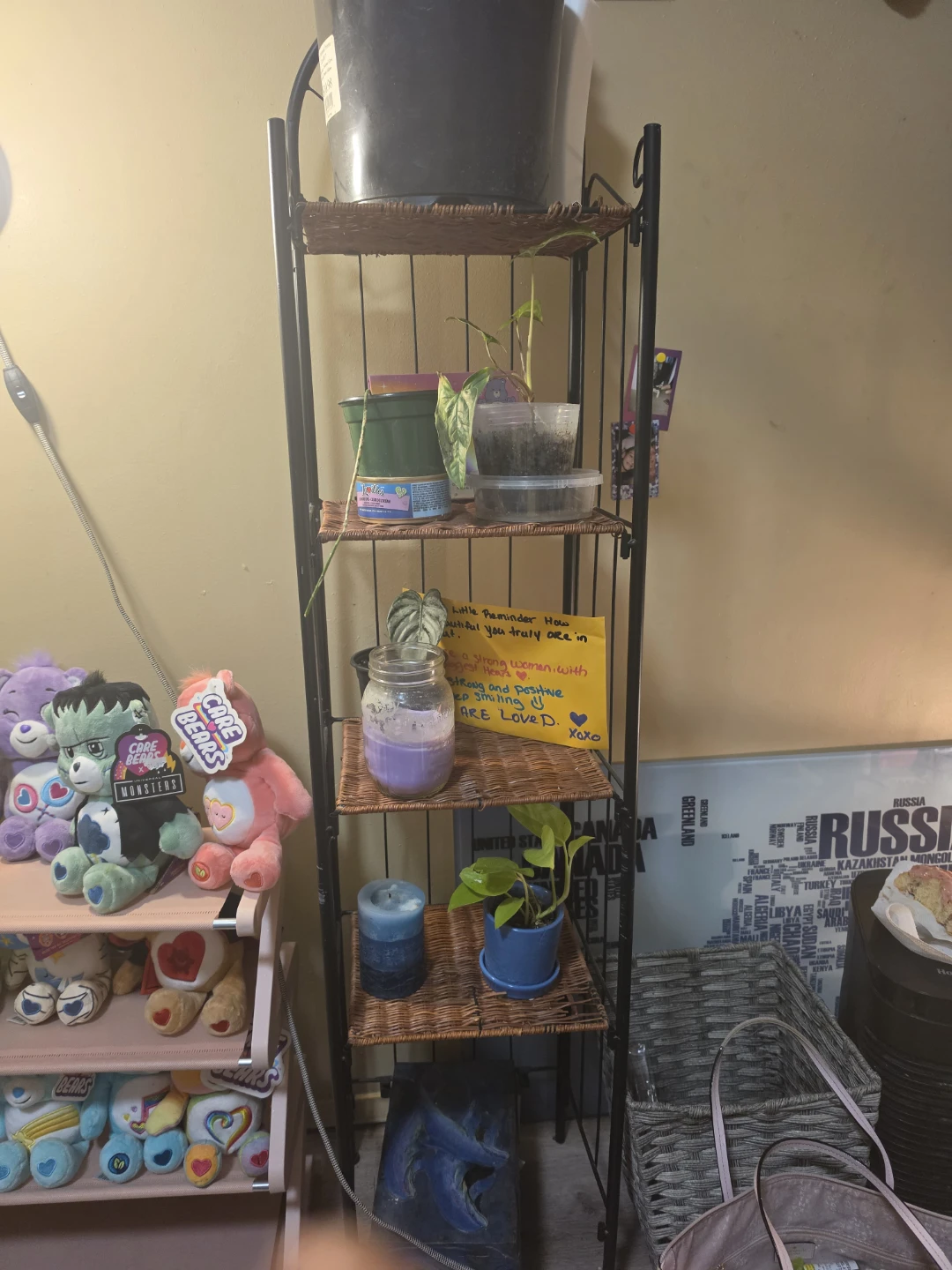 Tall Metal and Wicker Four-Tier Shelving Unit