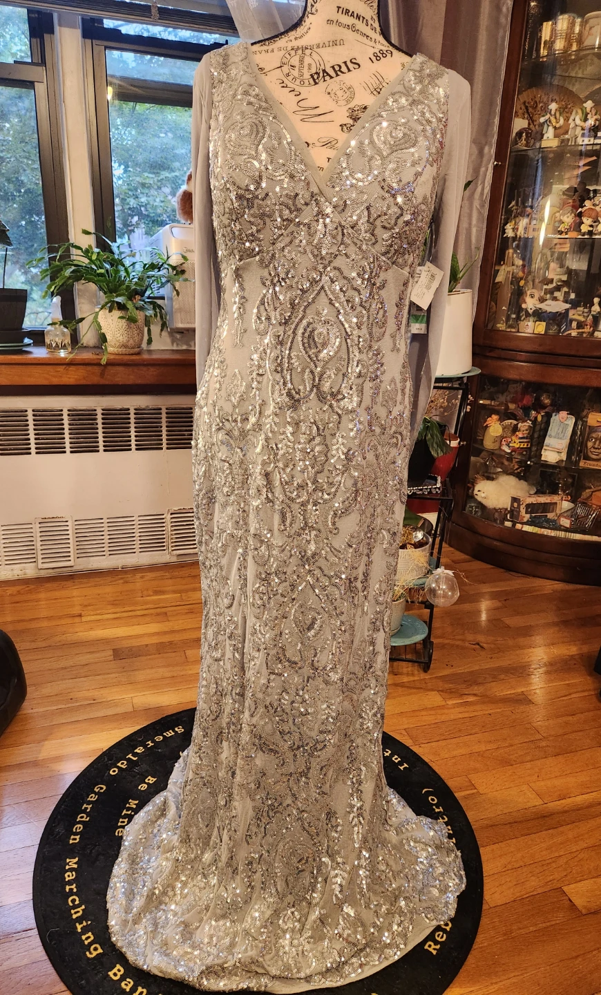 R&M Richards NWT Silver Sequin Mesh Long Evening Gown Drape Back