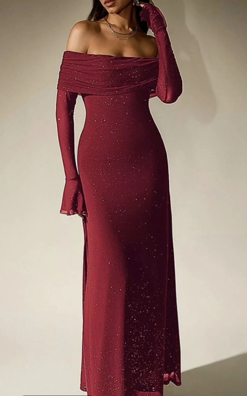 Burgundy Glitter Off-Shoulder Gown - photo 2