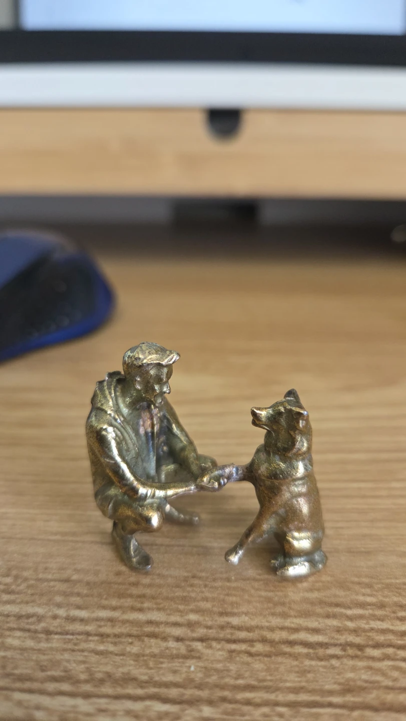 Man & Dog Handshake Miniature Figurine – Antique Brass *new