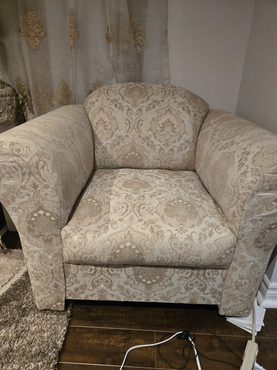 Beige Damask Pattern Sofa and Armchair Set