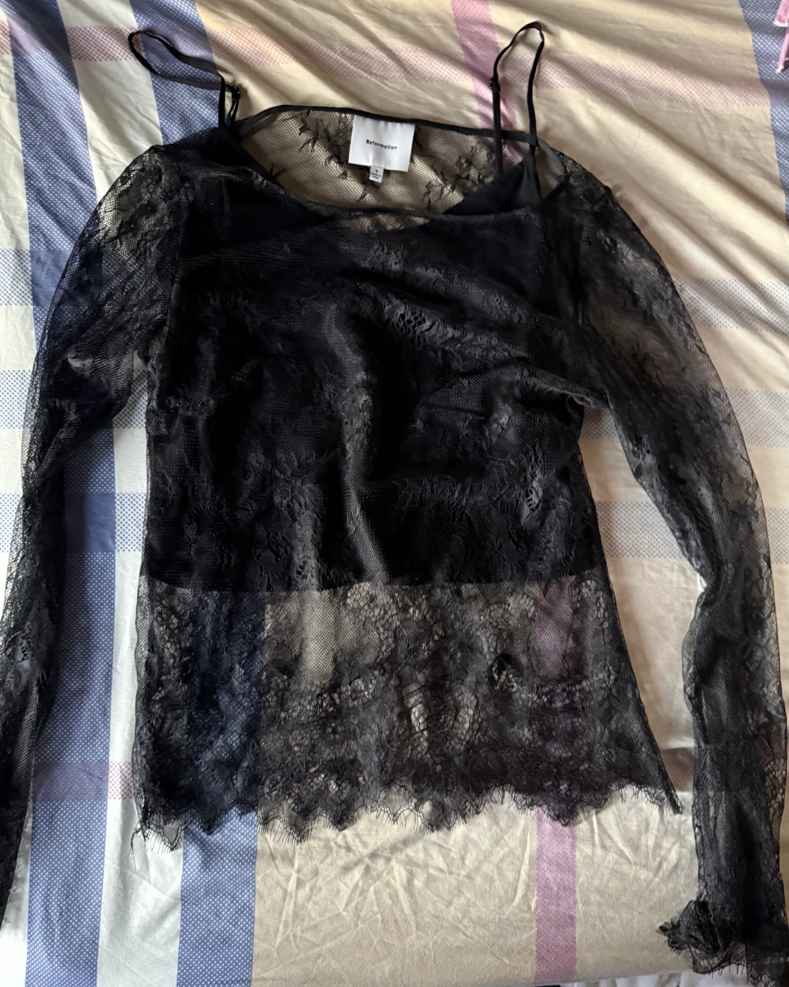 Reformation Black Lace Long Sleeve Top