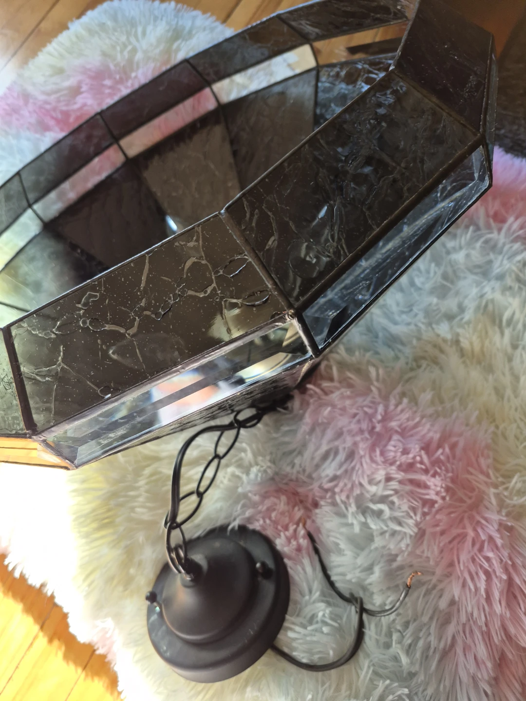 Black panel, clear prisms stain glass hanging light