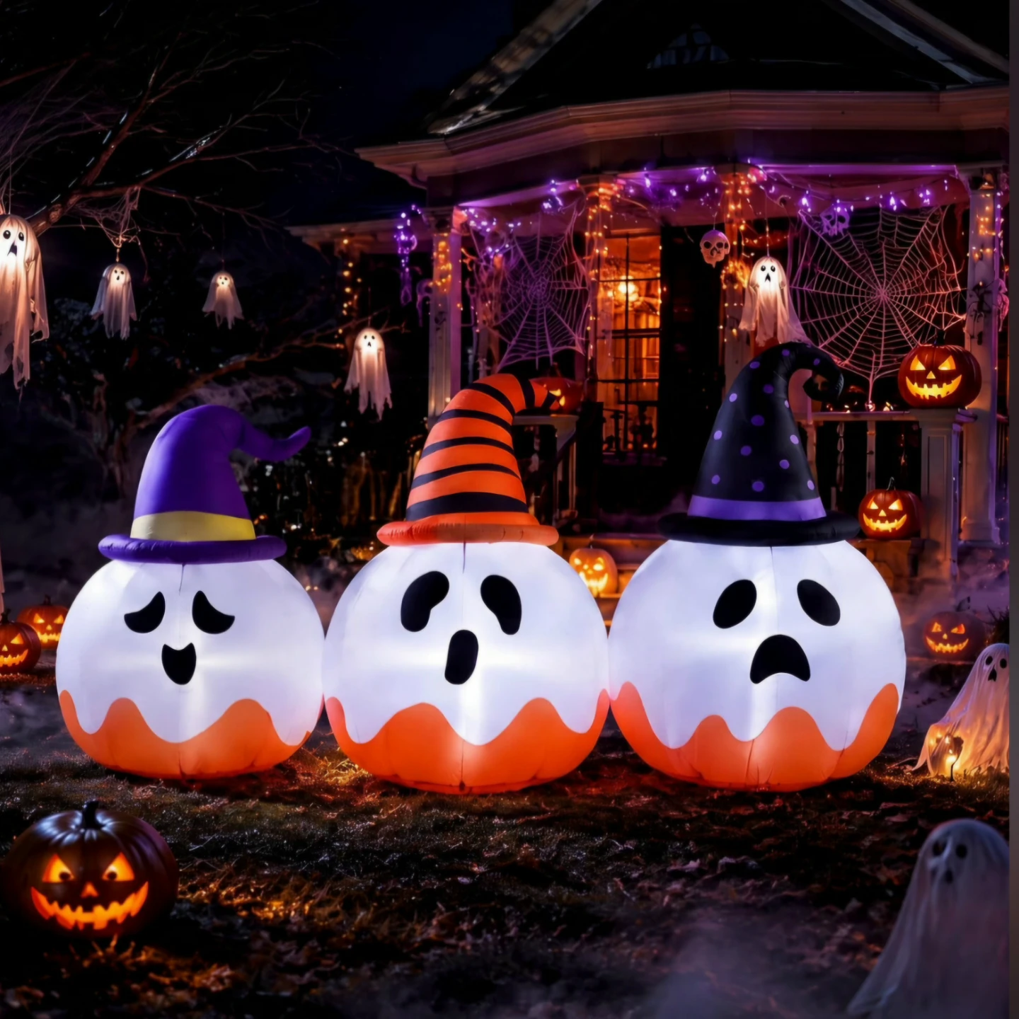 New Set of 3 Halloween Ghost Inflatables witch hat's 7ft long