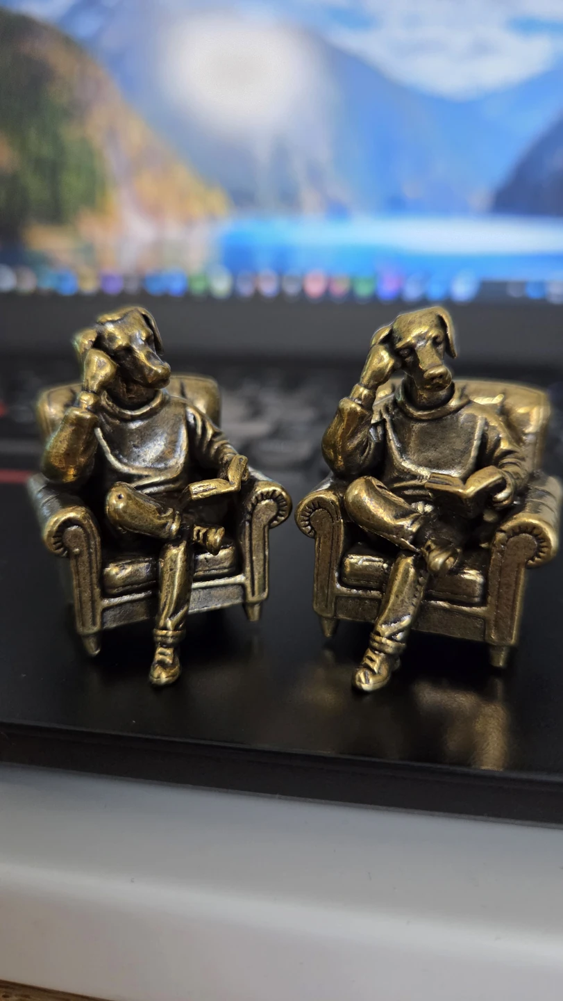 Set of 2 Reading Dog in Armchair Figurines – Brass Tone *new