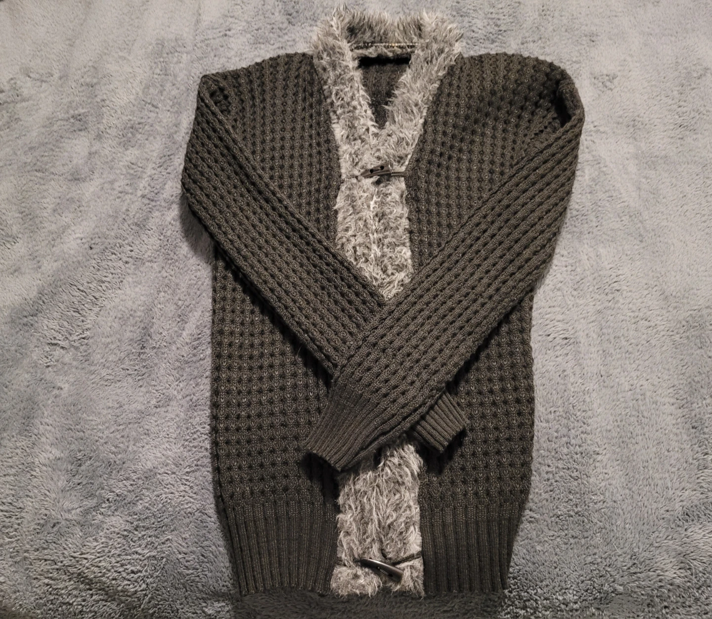 Black knit cardigan with faux fur trim - photo 4