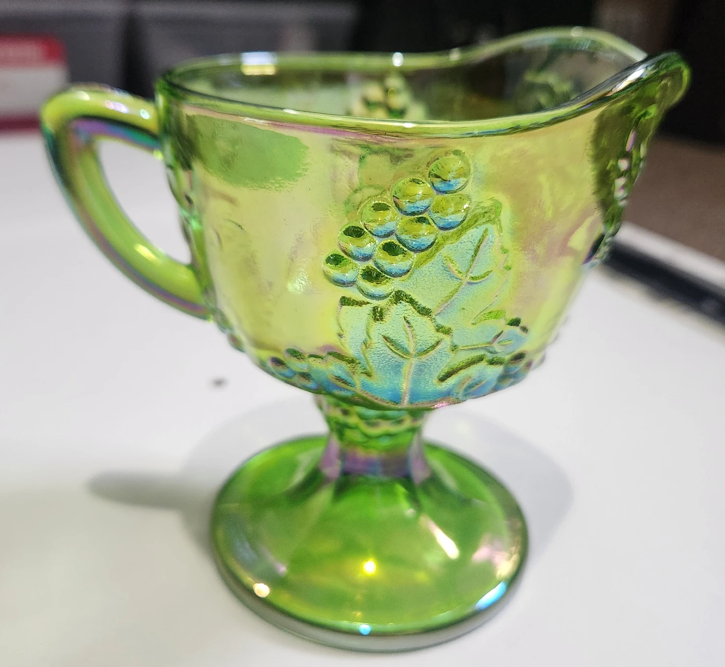 Vintage Green Iridescent Glass Creamer