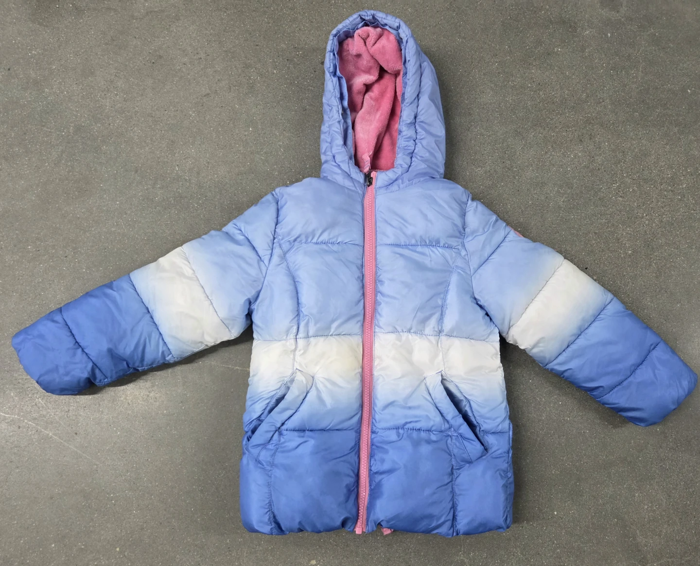 Girls Blue Ombre Puffer Jacket with Pink Fleece Lining