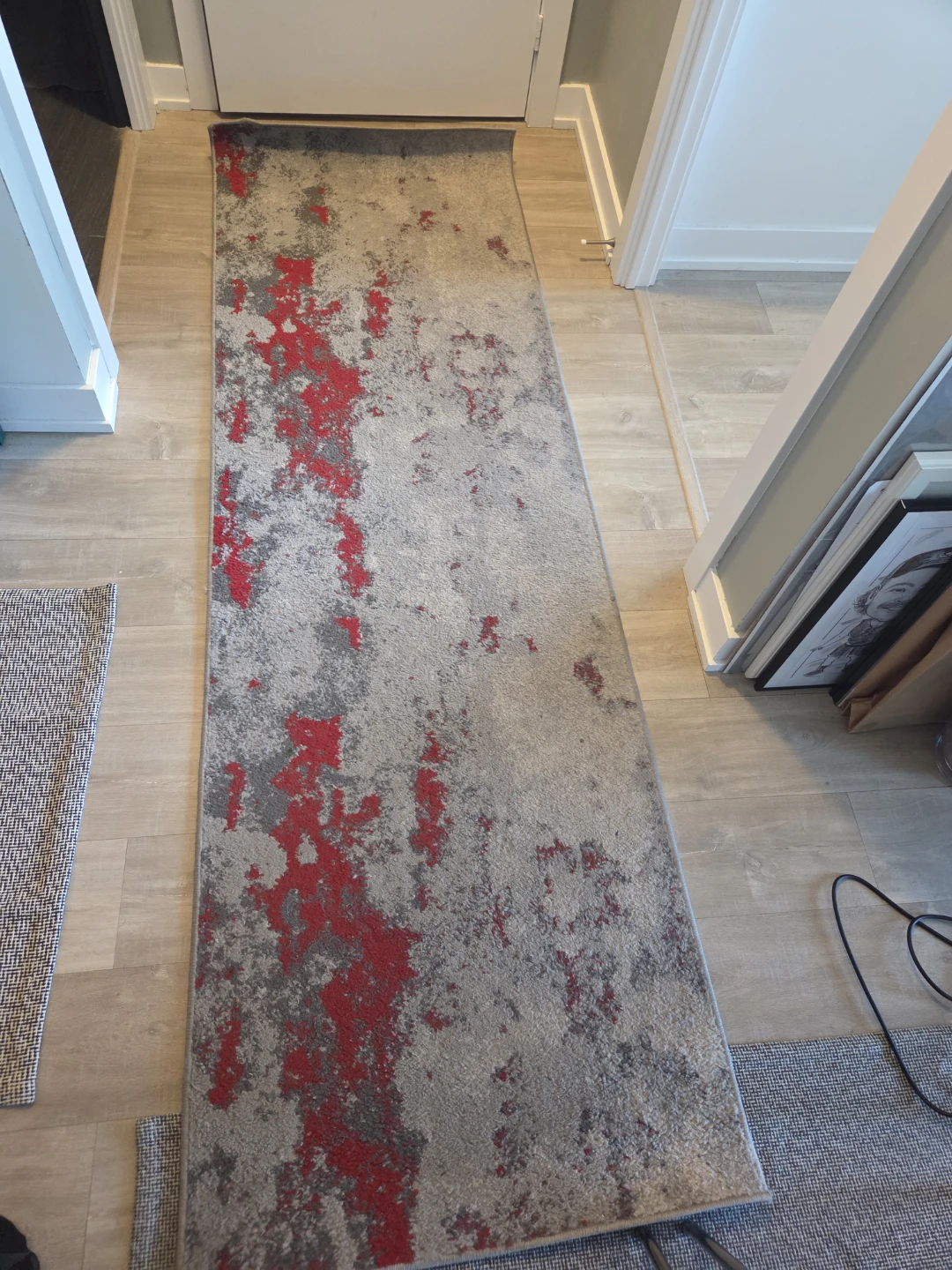 Abstract Grey and Red Area Rug Runner