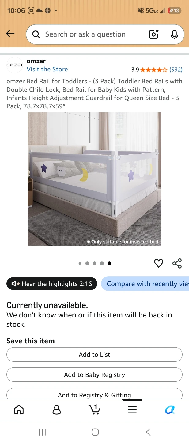 Omzer 3-Pack Toddler Bed Rails