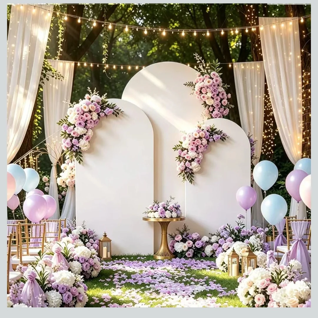 Set of 3 Gold Arch Backdrop Stands with Covers - photo 4