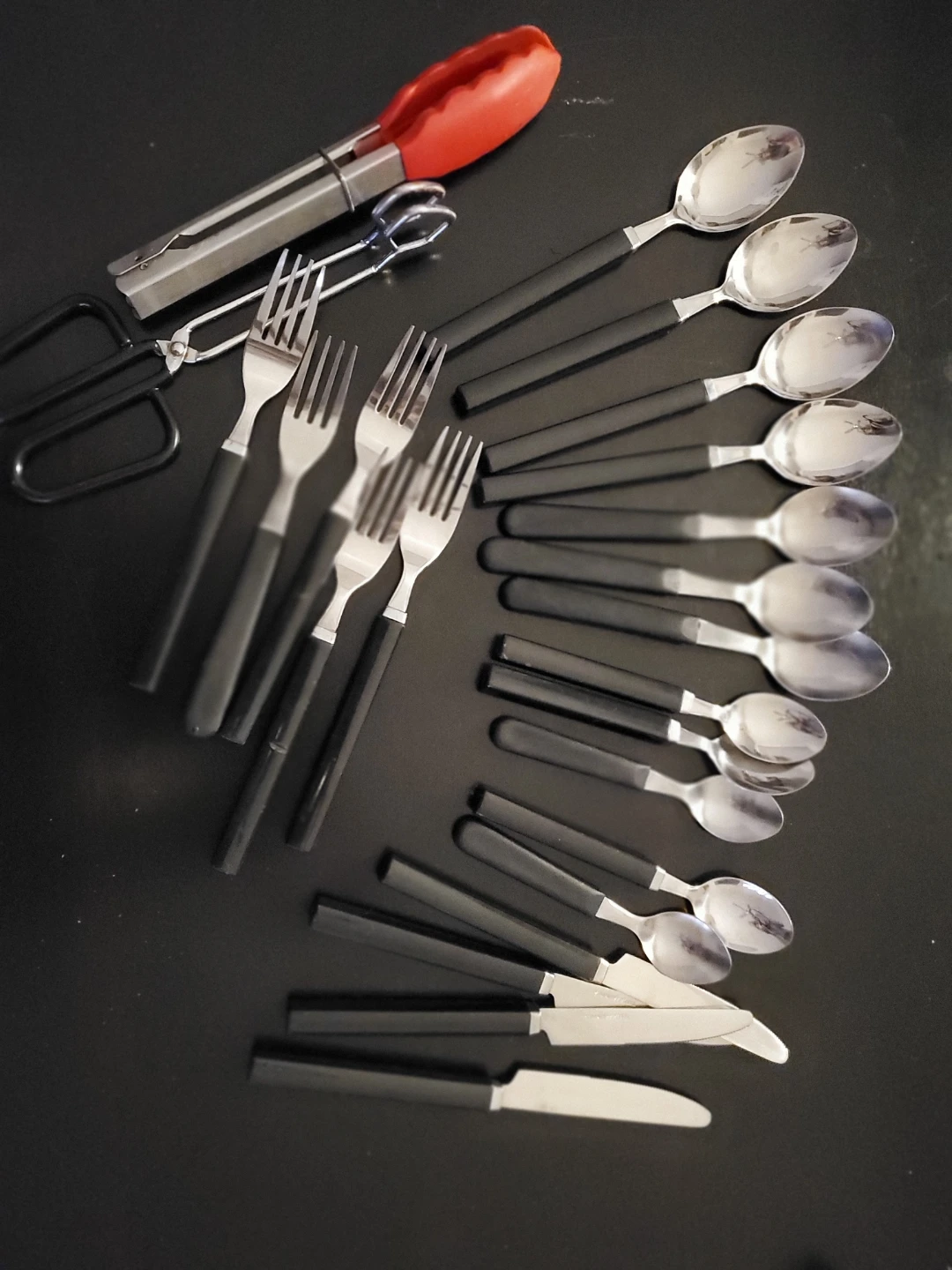 Black Handle Cutlery Set with Tongs
