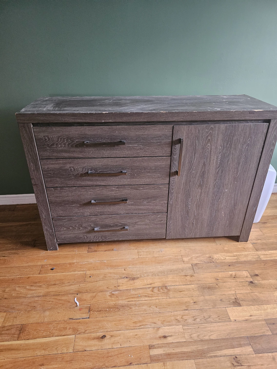 Grey Wood Grain Credenza with Drawers and Cabinet