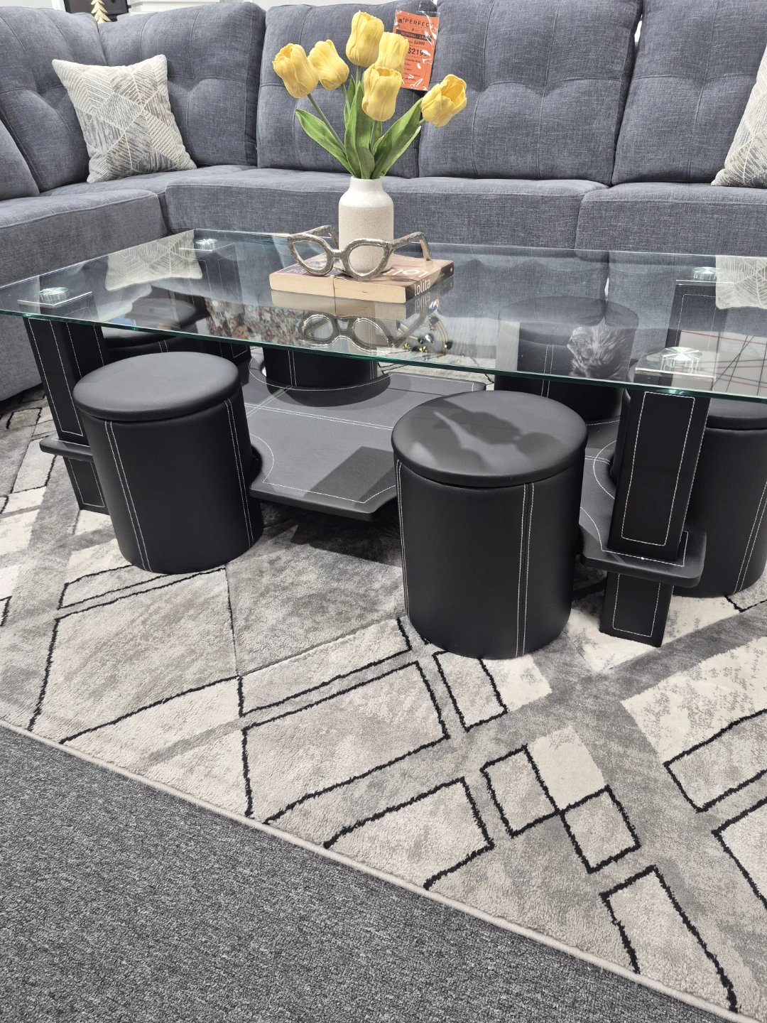 Glass Coffee Table with 6 Stools