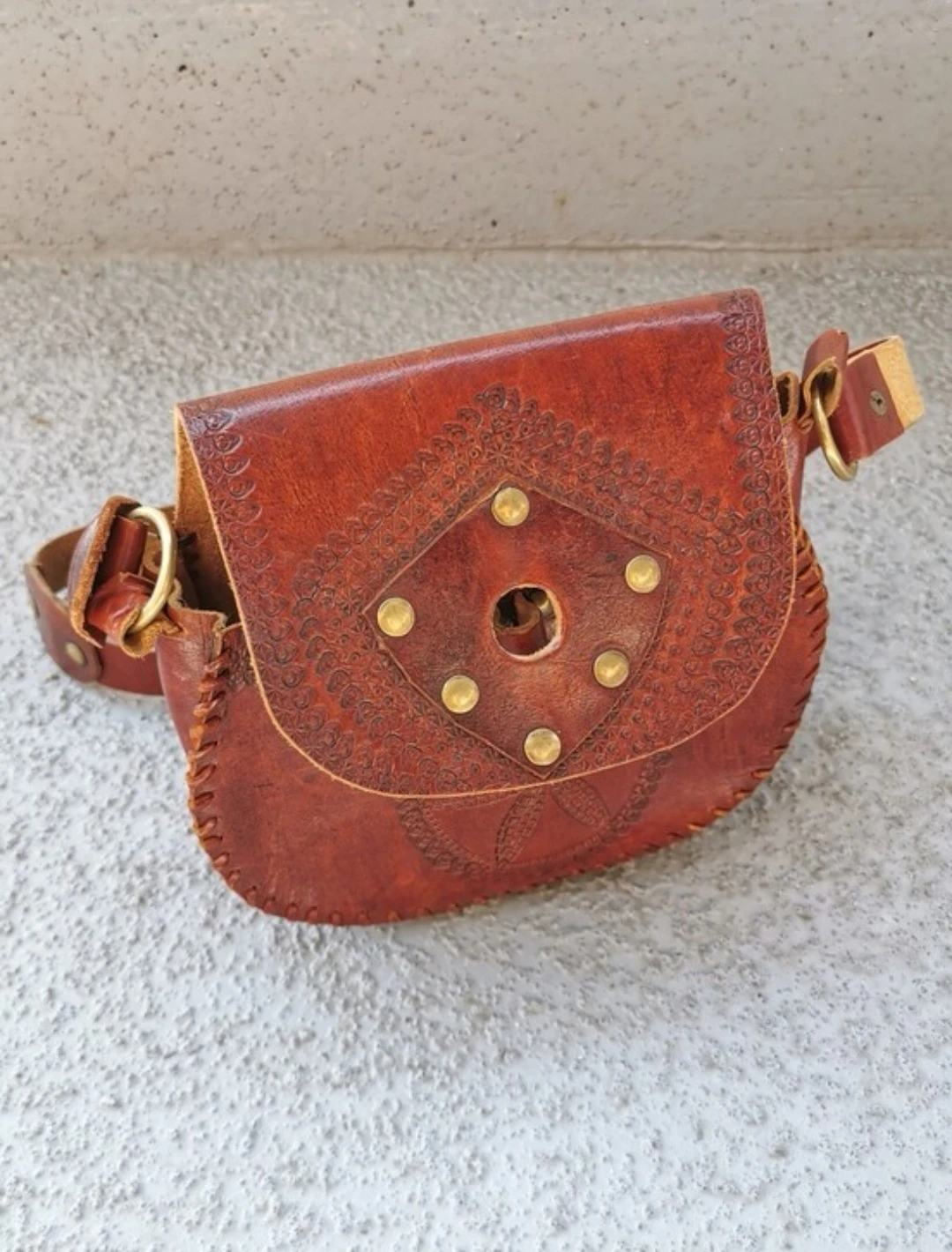 Vintage Tooled Leather Crossbody Bag Brass & Wood Toggle Boho - photo 5