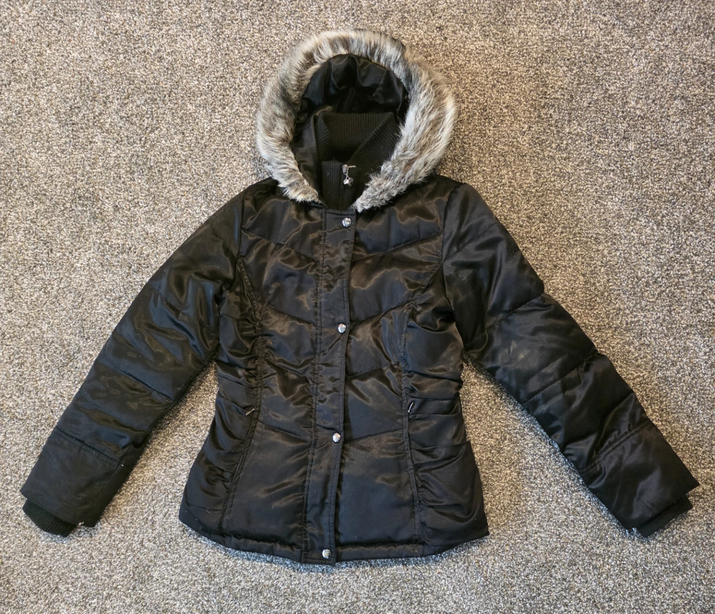 Guess Jeans Black Puffer Jacket with Faux Fur Hood