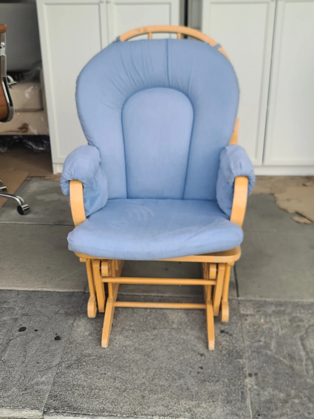 Wooden Glider Rocking Chair with Blue Cushions