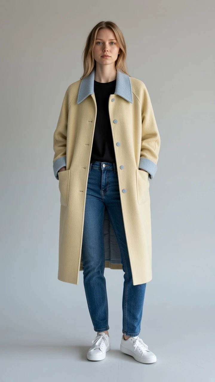 Cream and Blue Wool Coat