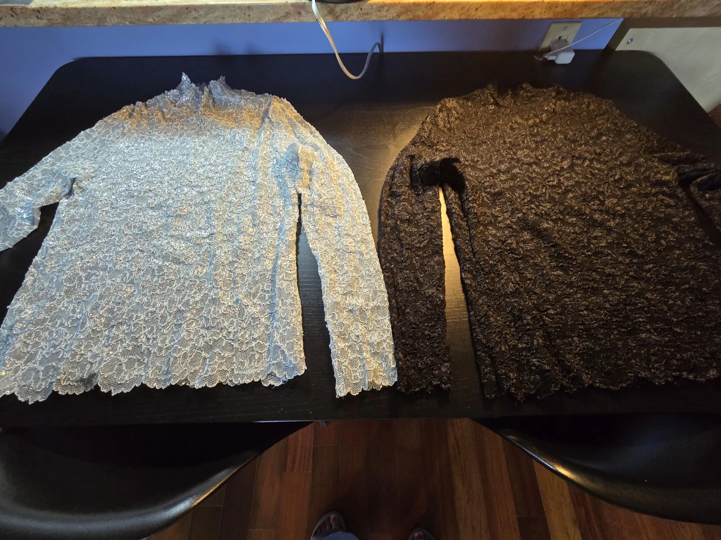 2 Lace Long Sleeve Lace Tops Silver Black Large