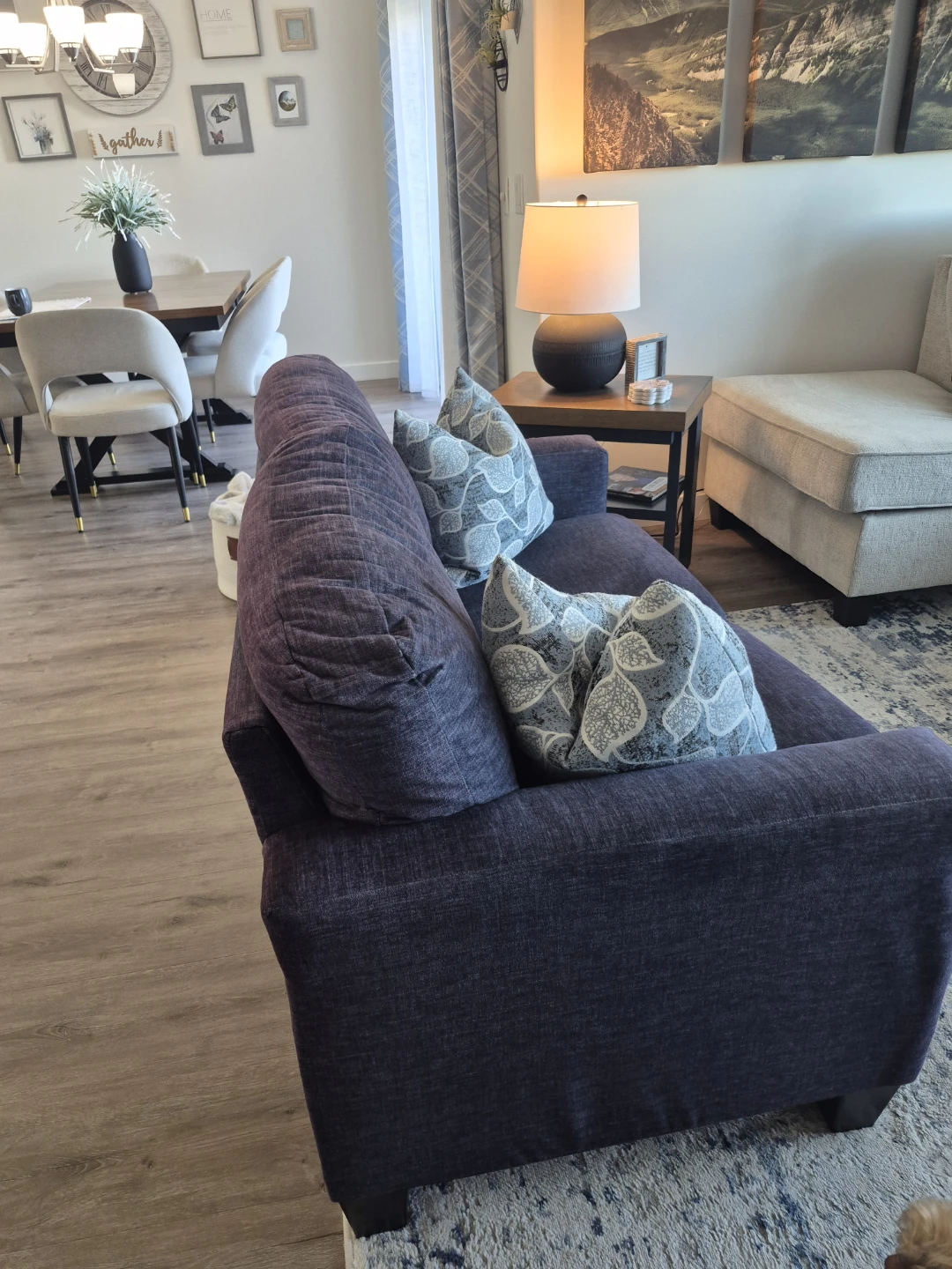 Blue Loveseat with Patterned Toss Cushions - photo 3