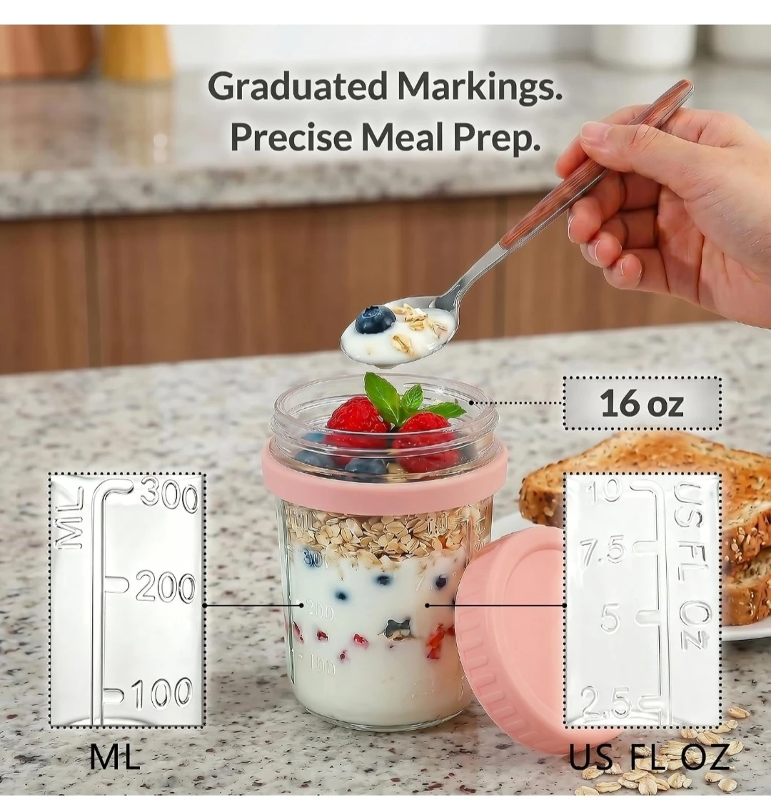 Set of 4 Overnight Oats Jars with Lids, Spoons...New - photo 5
