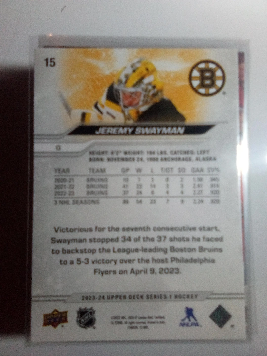 2023-24 Upper Deck Jeremy Swayman Hockey Card - photo 2