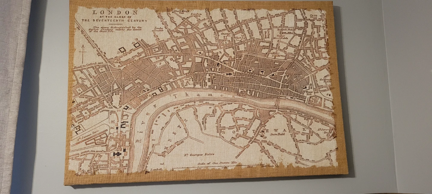 London 17th Century Historical Map Burlap Wall Art